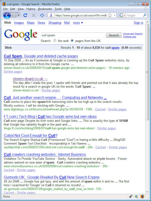 Cuil Spam, Google search Result - 15th Sept 2008